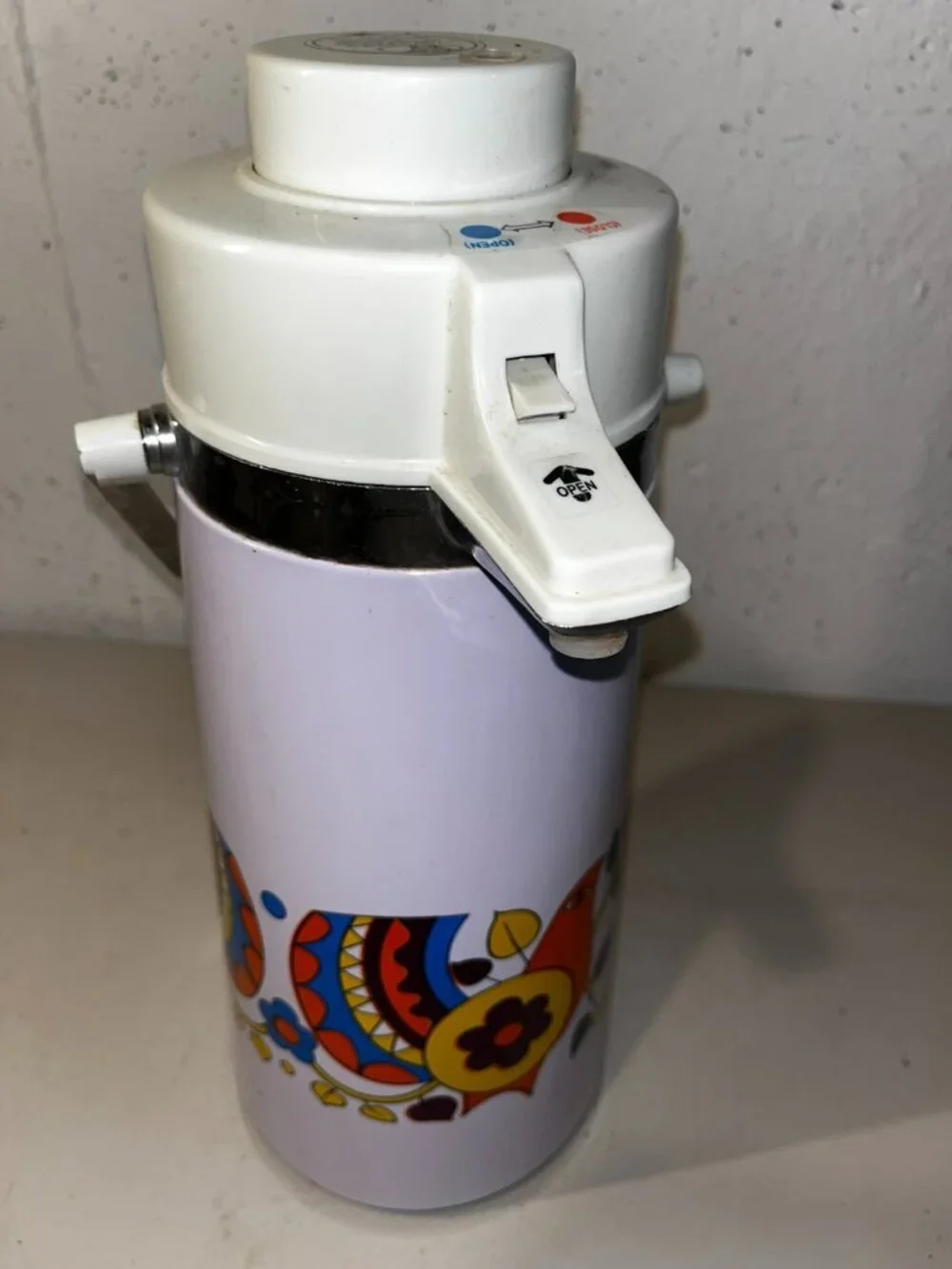 Vintage Air Pot Vacuum Thermos Pump Drink Dispenser MCM Colorful Partridge Birds